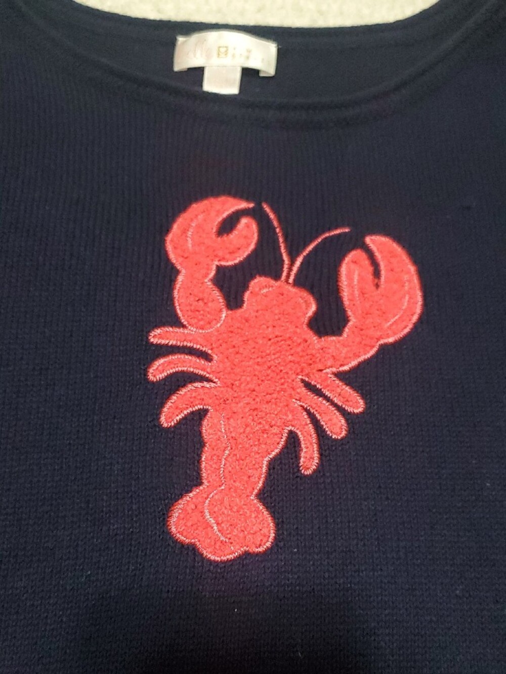 Belle by Kim Gravel Navy Crewneck Sweater with Red Lobster Appliqué
